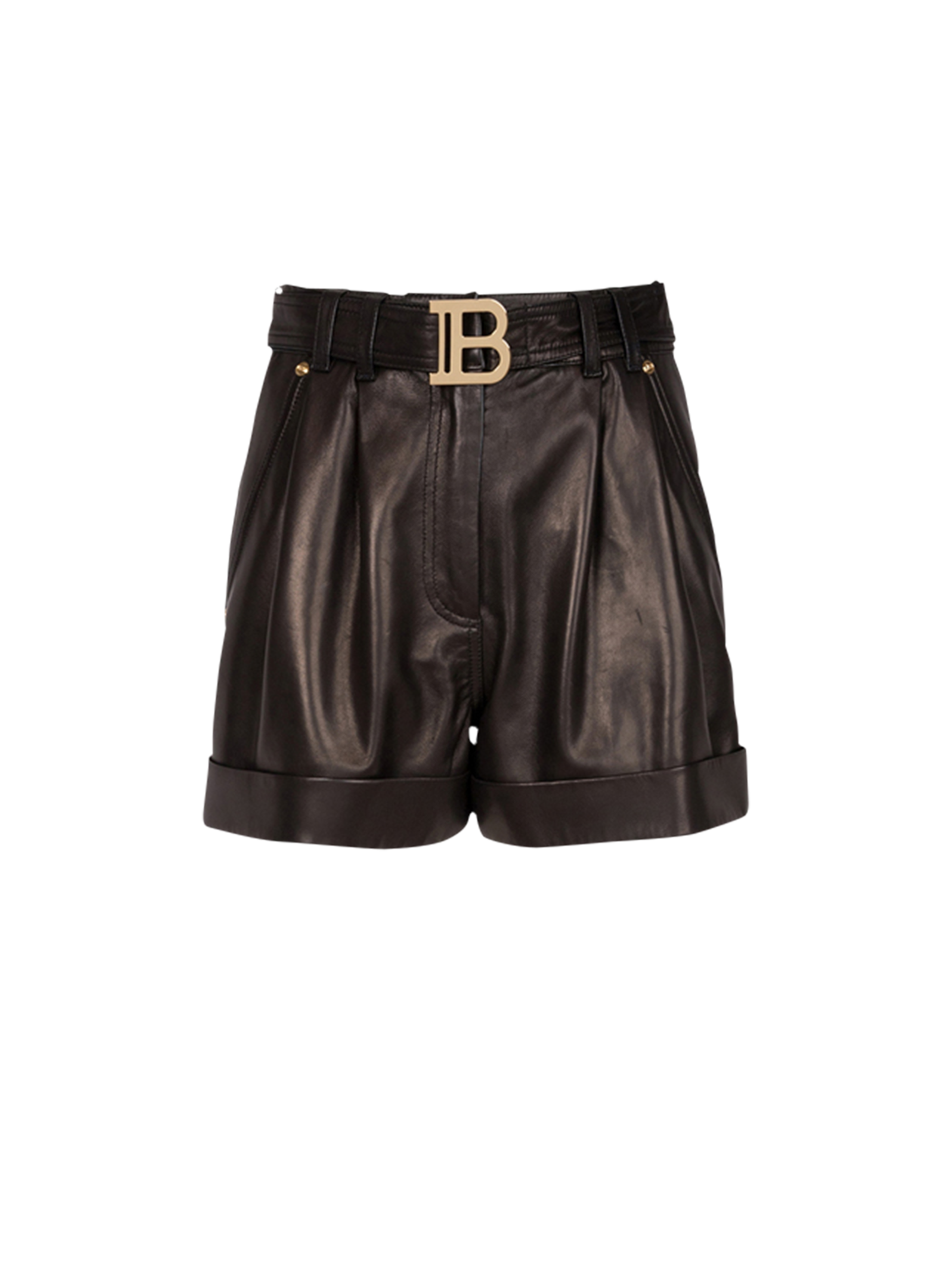 High-waisted leather shorts with Balmain buckle, black