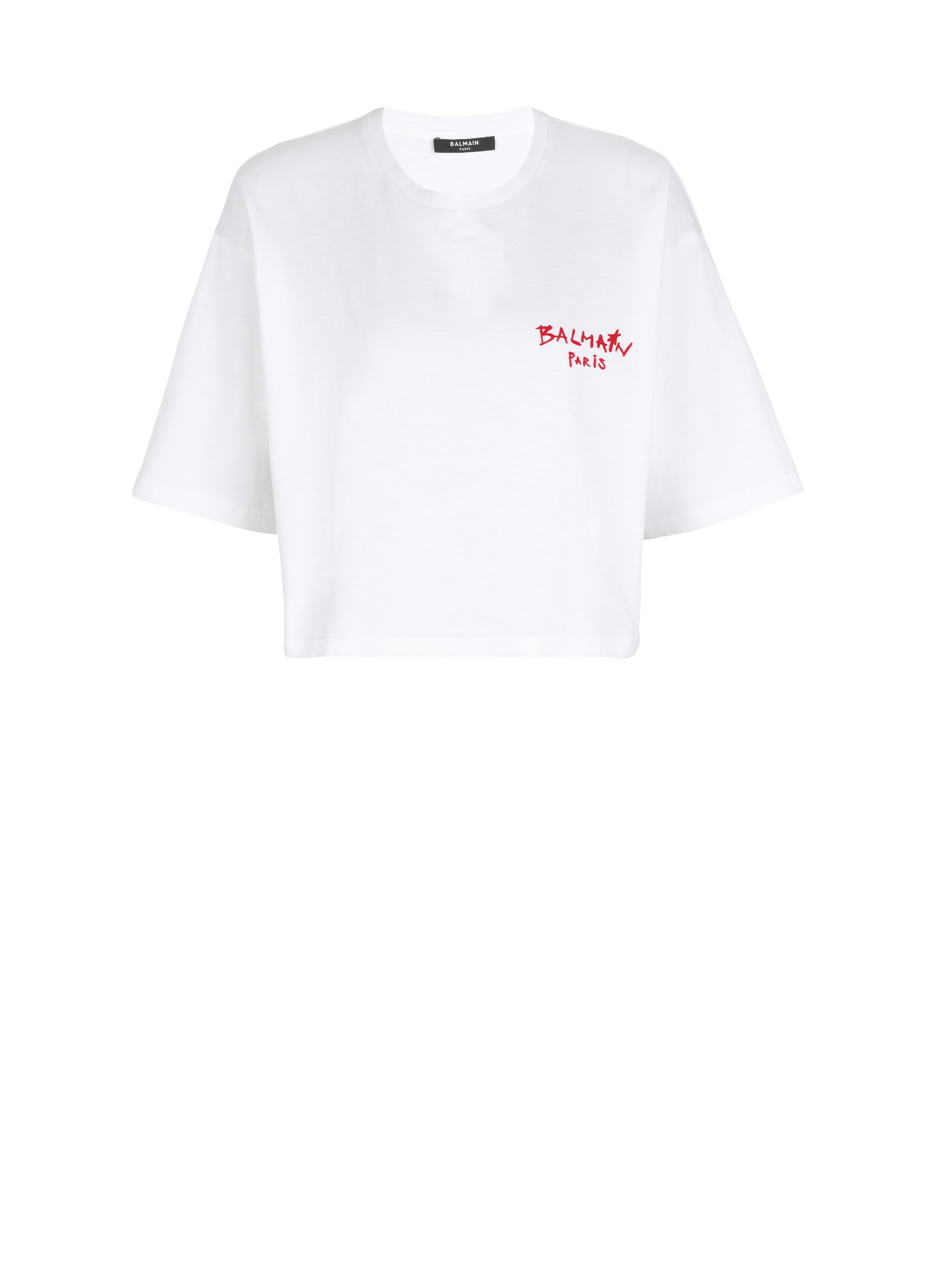 Cropped cotton T-shirt with small flocked graffiti Balmain logo, white