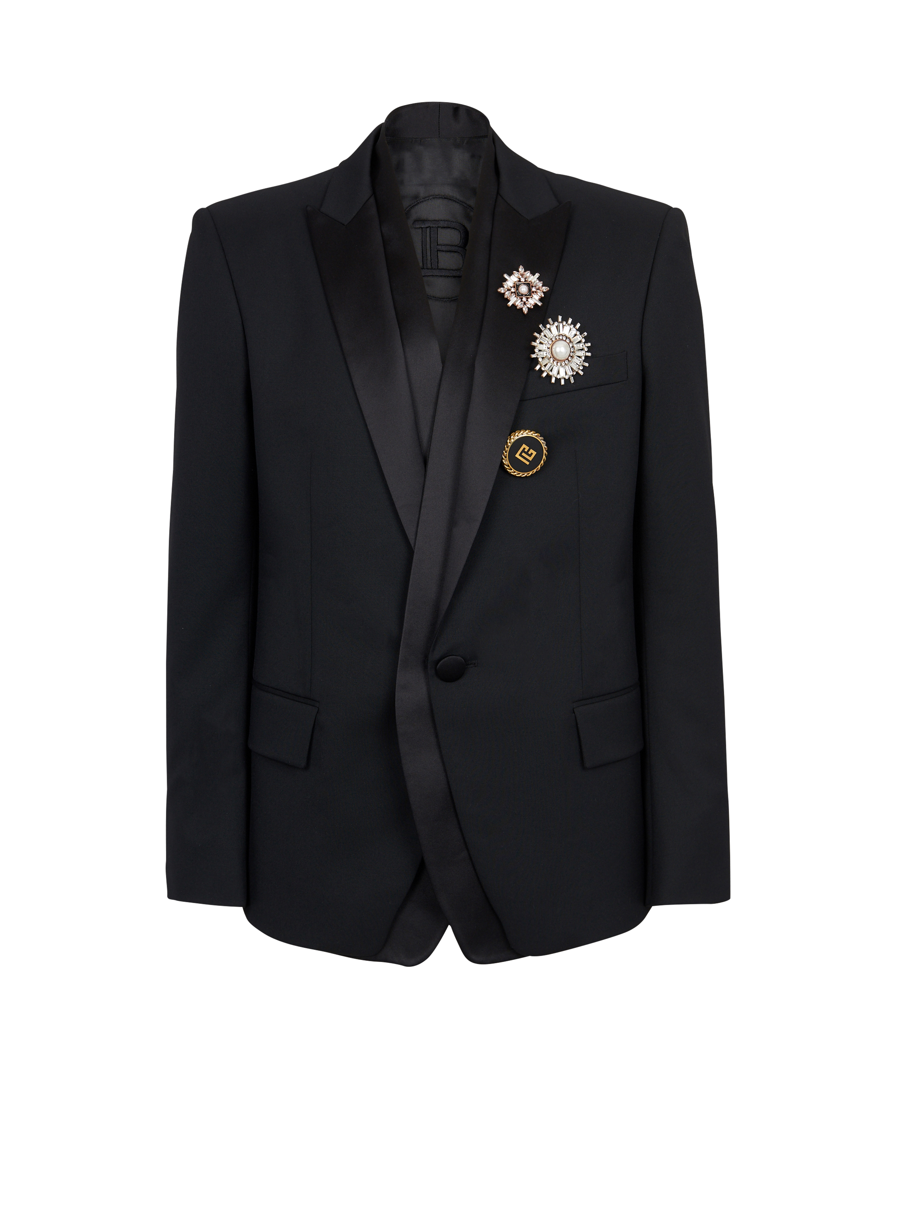 Wool blazer with embroidered badges and satin collar, black