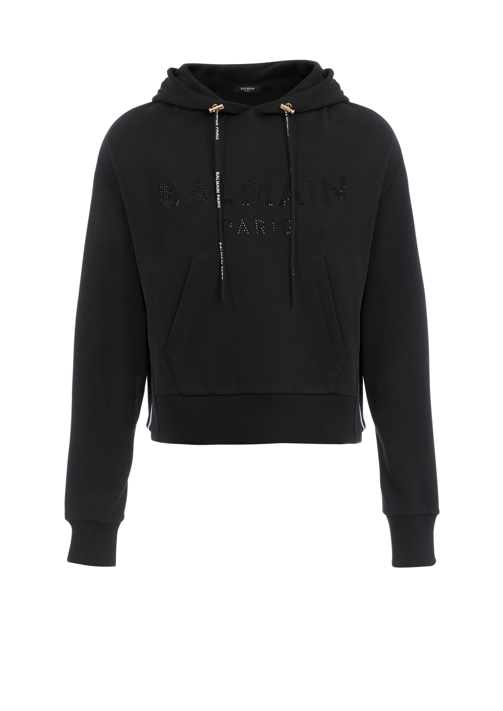 Cropped eco-designed cotton sweatshirt with rhinestone Balmain logo, black, hi-res