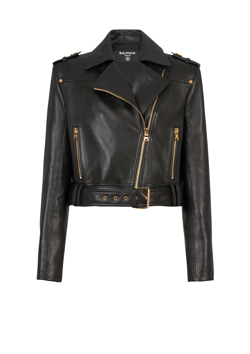 Cropped leather biker jacket, black, hi-res