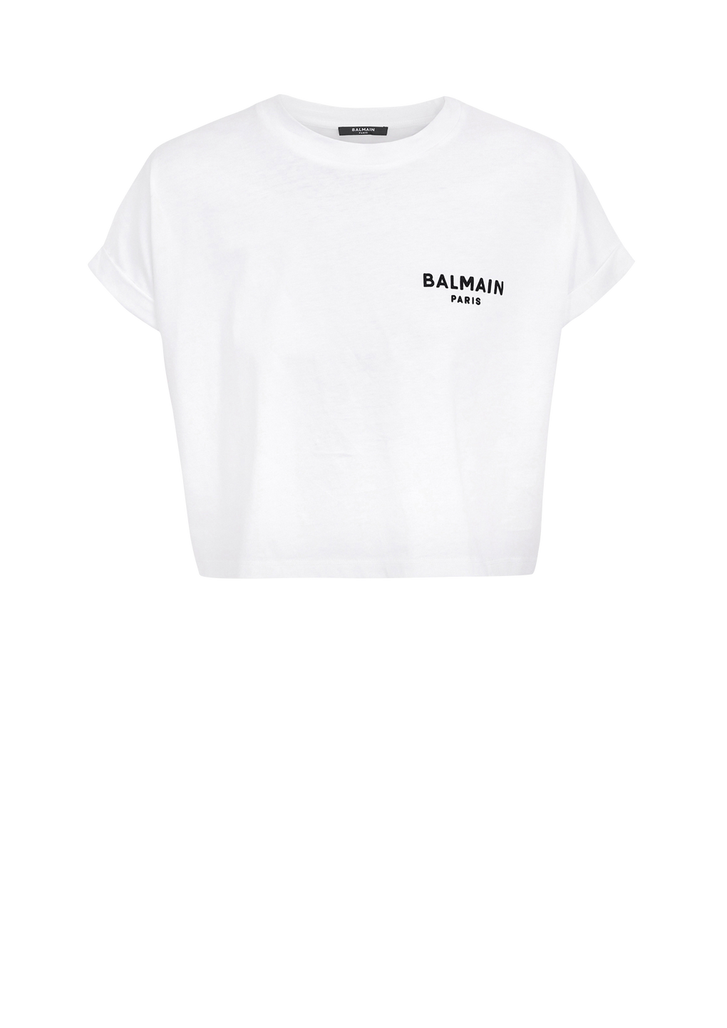 Cropped eco-designed cotton T-shirt with small flocked Balmain logo, white, hi-res