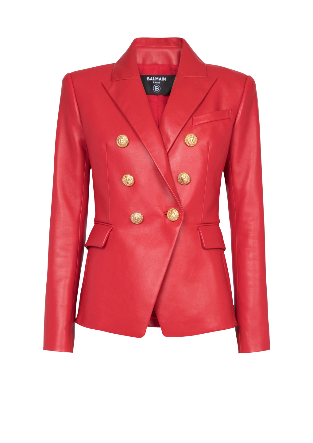 Double-breasted leather blazer, red, hi-res