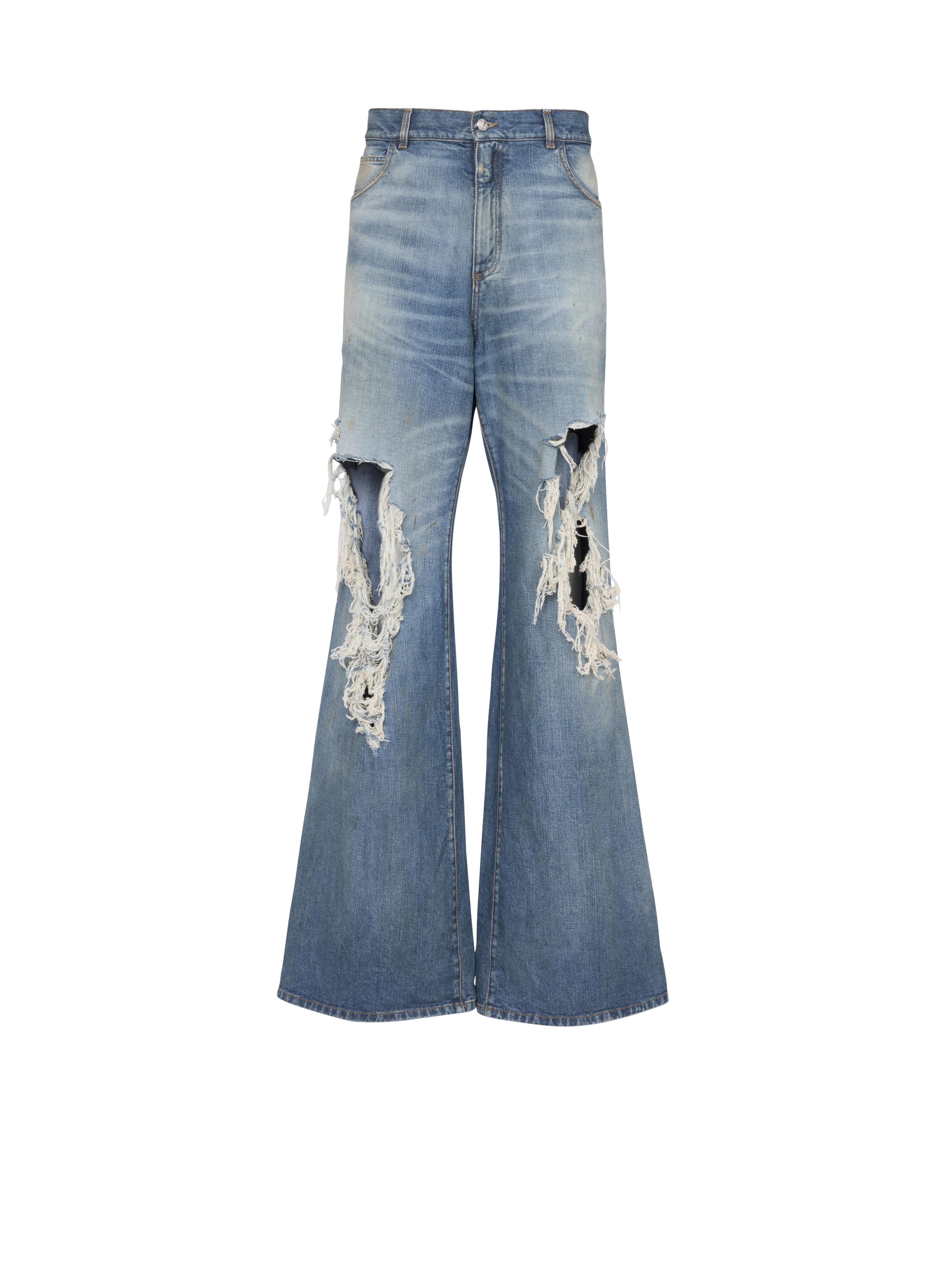 Wide-legged ripped cotton jeans, blue
