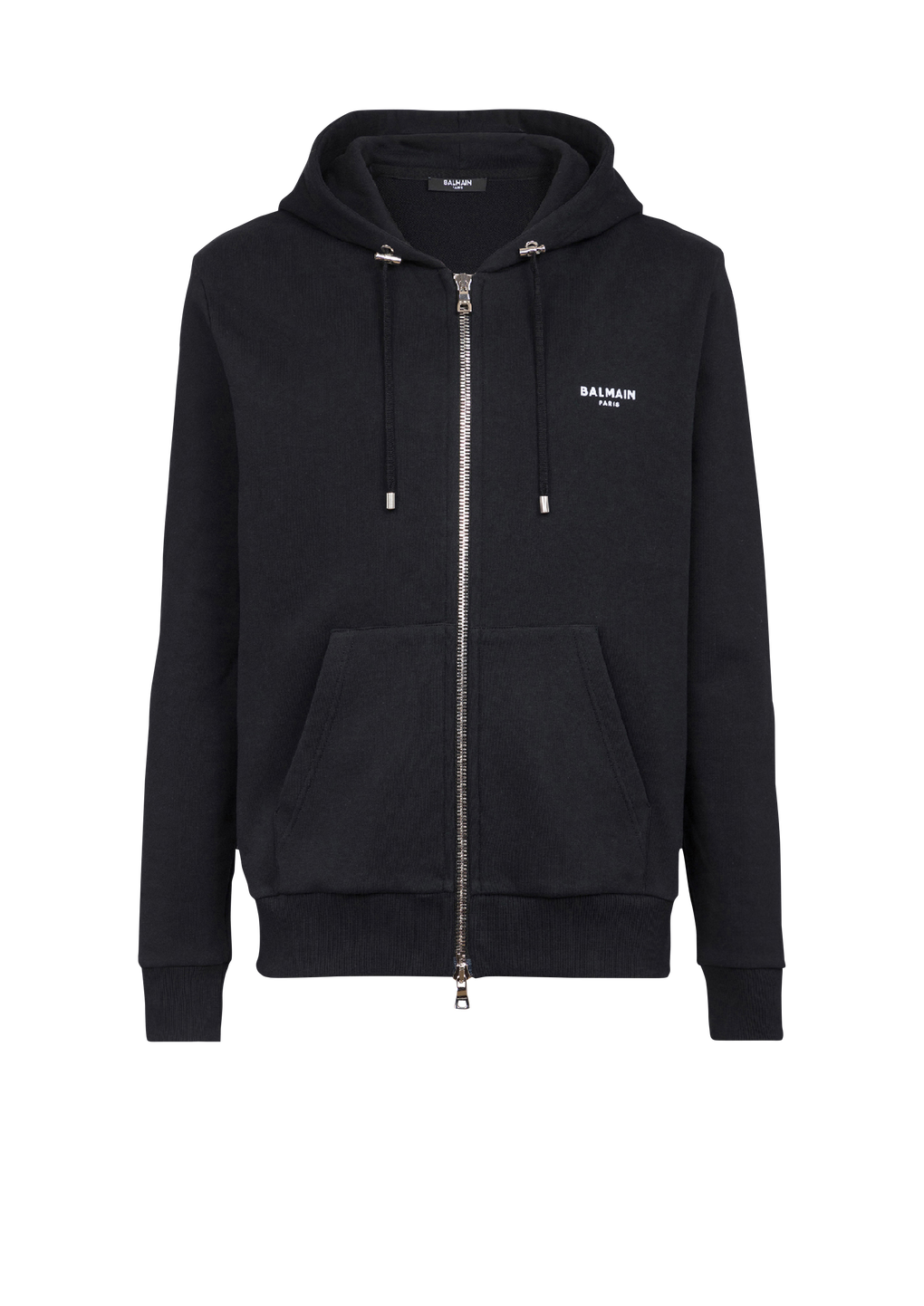 Eco-designed cotton sweatshirt with small flocked Balmain logo, black, hi-res