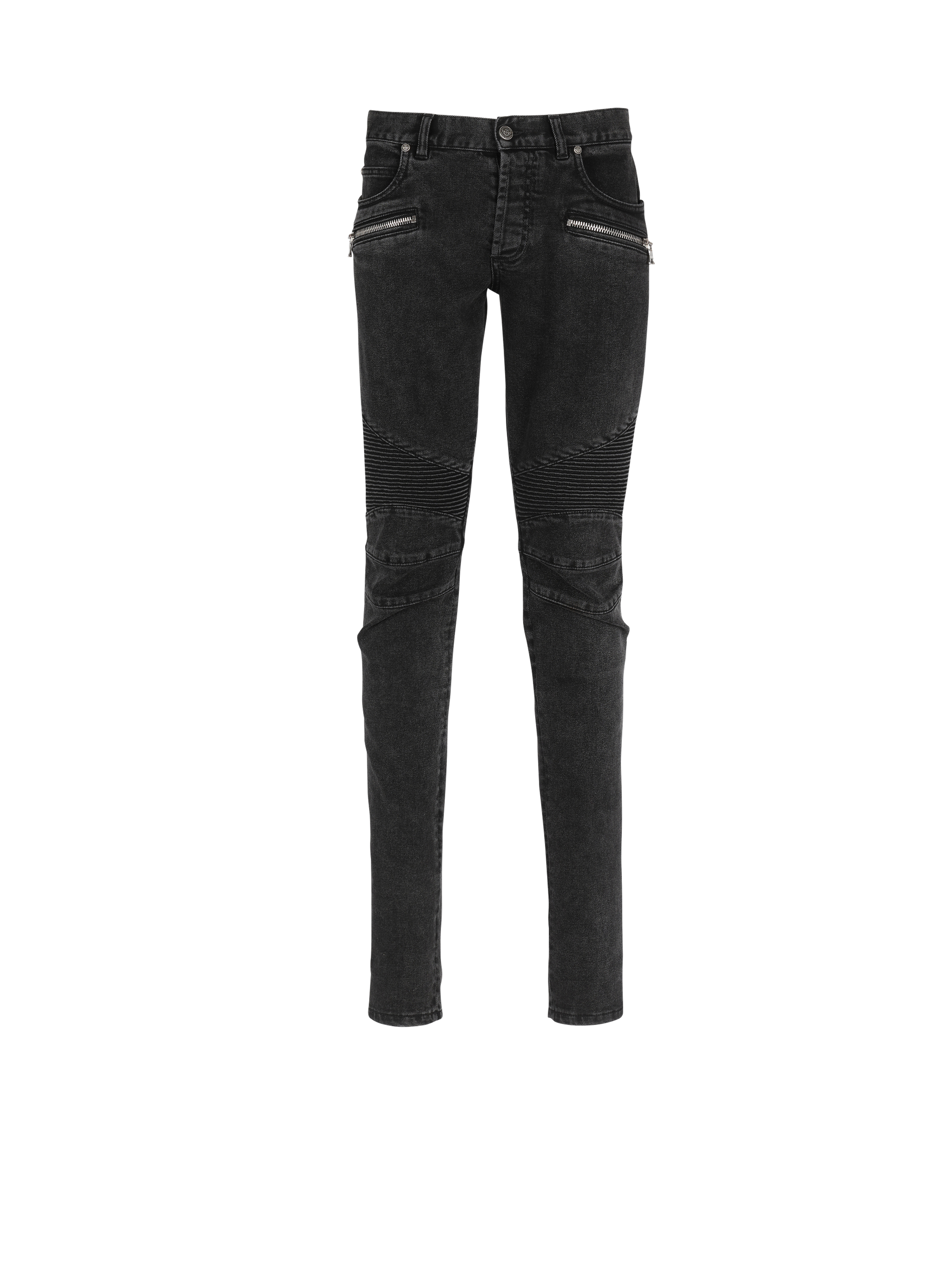 Slim cut ridged faded cotton jeans with Balmain monogram hem, black